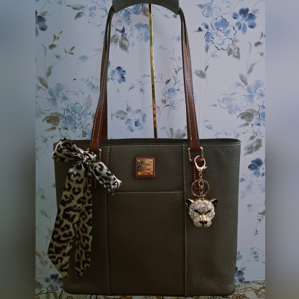 Dooney & Bourke Brown Leather Tote with Animal Print Scarf and Leopard Bag Charm